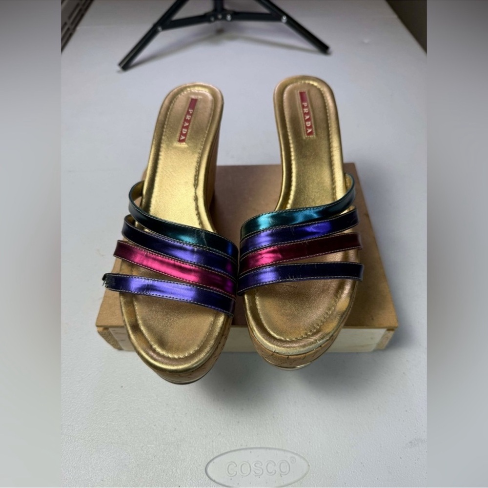 Prada Women's Multi Metallic Rainbow
Cork Wedge Sandals Sz 40 / US 10 - Picture 7 of 14